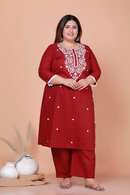CHIKANKARI FLORAL EMBROIDERY BUTTI COTTON 2 PEICE KURTA PANT IN MAHROON BY PLUSSIZEKURTI