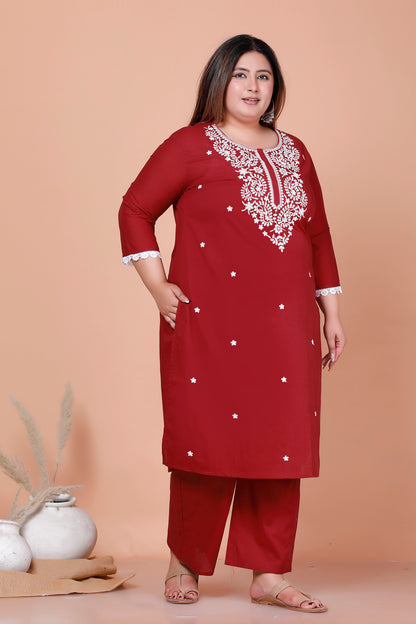 CHIKANKARI FLORAL EMBROIDERY BUTTI COTTON 2 PEICE KURTA PANT IN MAHROON BY PLUSSIZEKURTI
