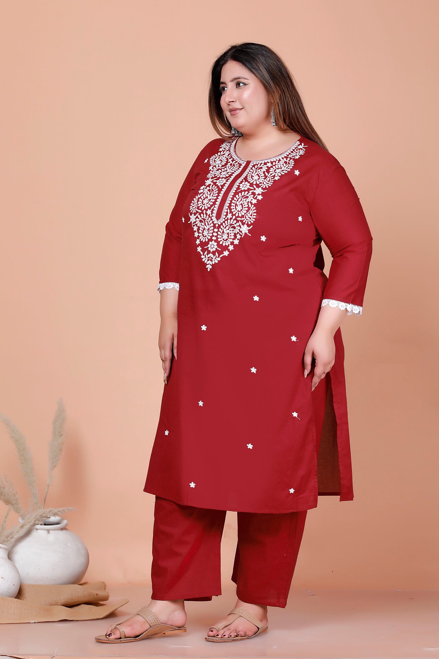 CHIKANKARI FLORAL EMBROIDERY BUTTI COTTON 2 PEICE KURTA PANT IN MAHROON BY PLUSSIZEKURTI