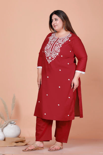 CHIKANKARI FLORAL EMBROIDERY BUTTI COTTON 2 PEICE KURTA PANT IN MAHROON BY PLUSSIZEKURTI