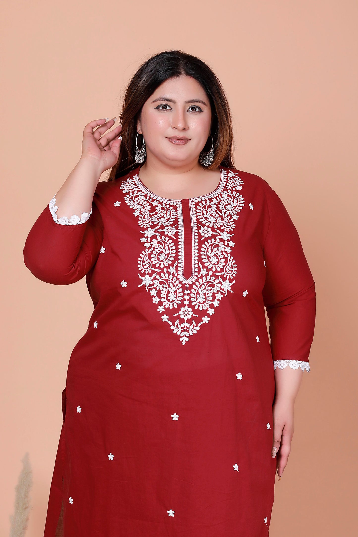CHIKANKARI FLORAL EMBROIDERY BUTTI COTTON 2 PEICE KURTA PANT IN MAHROON BY PLUSSIZEKURTI