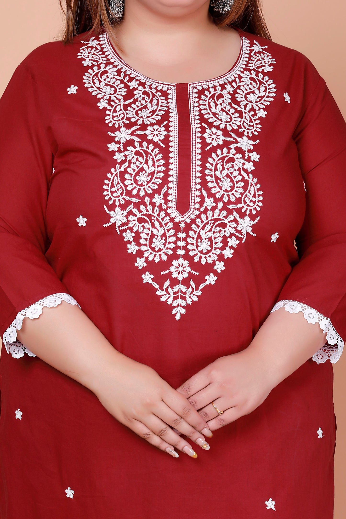 CHIKANKARI FLORAL EMBROIDERY BUTTI COTTON 2 PEICE KURTA PANT IN MAHROON BY PLUSSIZEKURTI