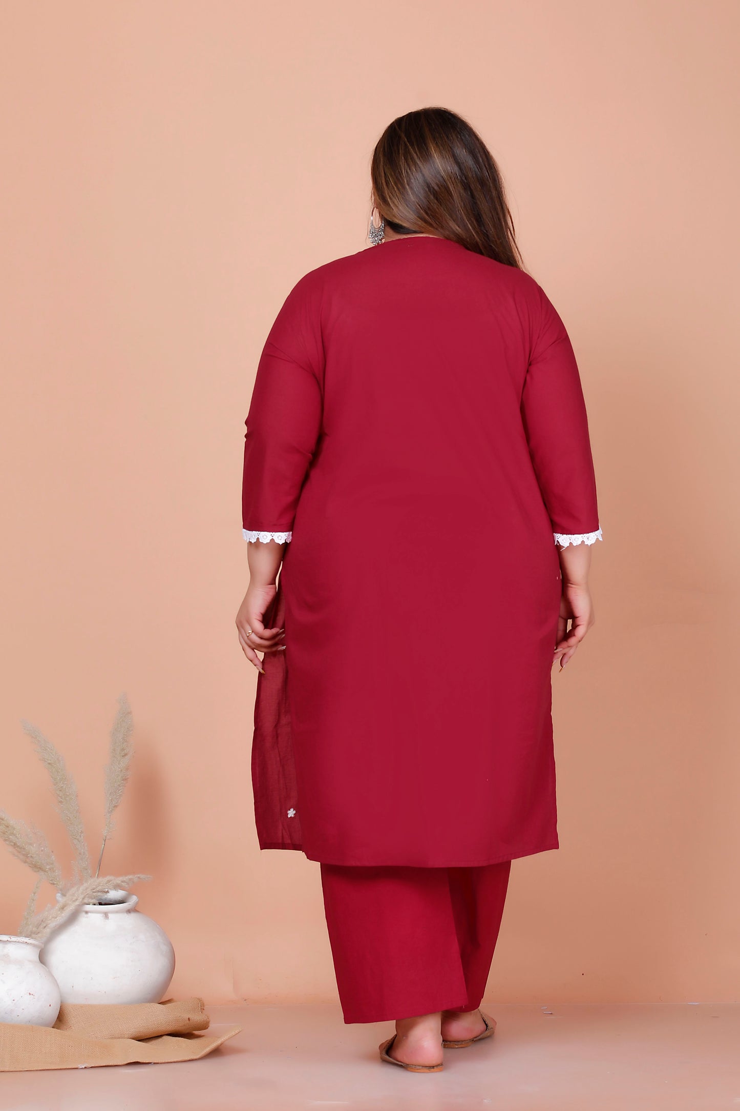 CHIKANKARI FLORAL EMBROIDERY BUTTI COTTON 2 PEICE KURTA PANT IN DUST RED BY PLUSSIZEKURTI