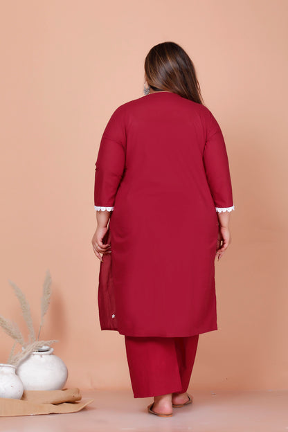 CHIKANKARI FLORAL EMBROIDERY BUTTI COTTON 2 PEICE KURTA PANT IN DUST RED BY PLUSSIZEKURTI