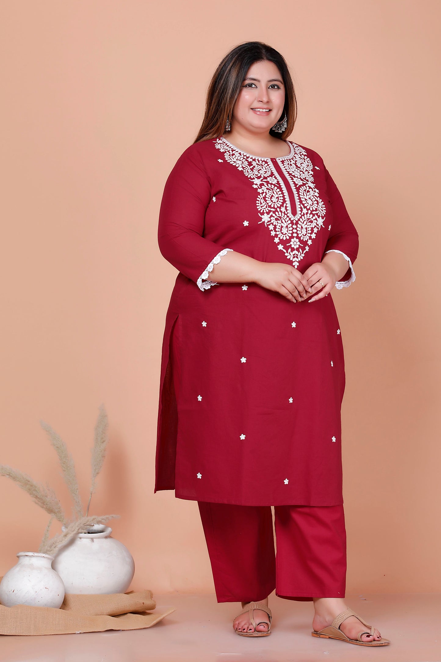 CHIKANKARI FLORAL EMBROIDERY BUTTI COTTON 2 PEICE KURTA PANT IN DUST RED BY PLUSSIZEKURTI