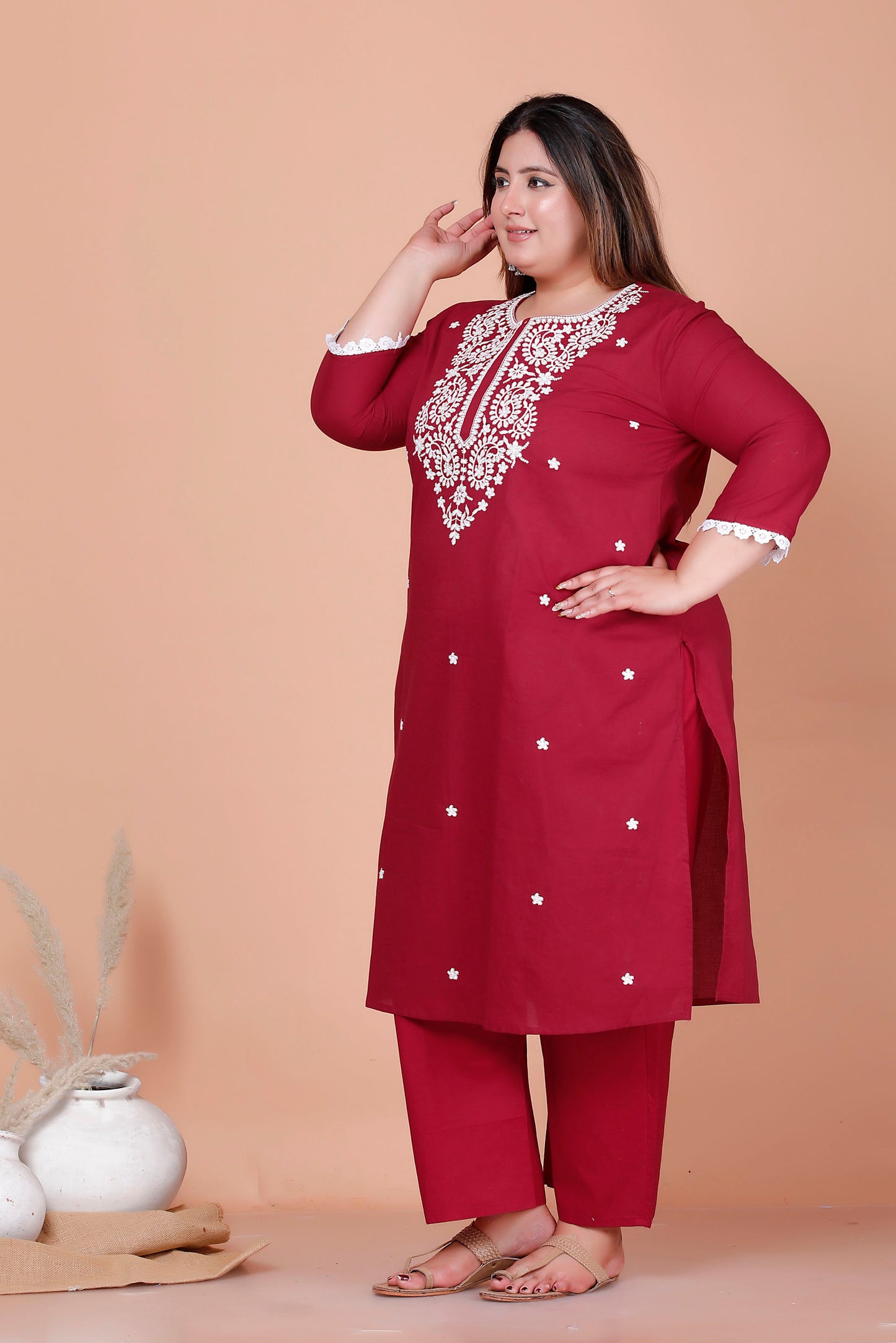 CHIKANKARI FLORAL EMBROIDERY BUTTI COTTON 2 PEICE KURTA PANT IN DUST RED BY PLUSSIZEKURTI