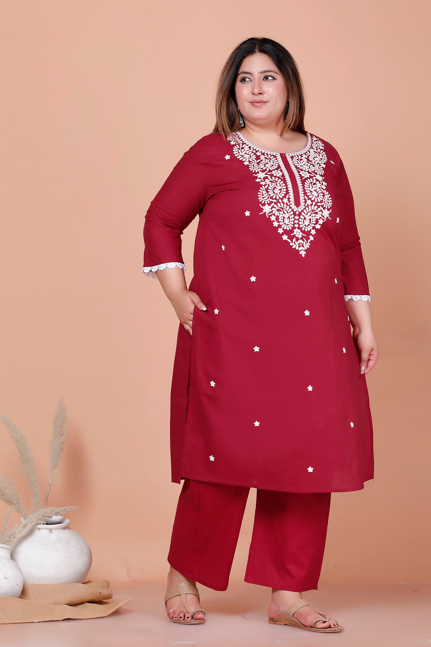 CHIKANKARI FLORAL EMBROIDERY BUTTI COTTON 2 PEICE KURTA PANT IN DUST RED BY PLUSSIZEKURTI