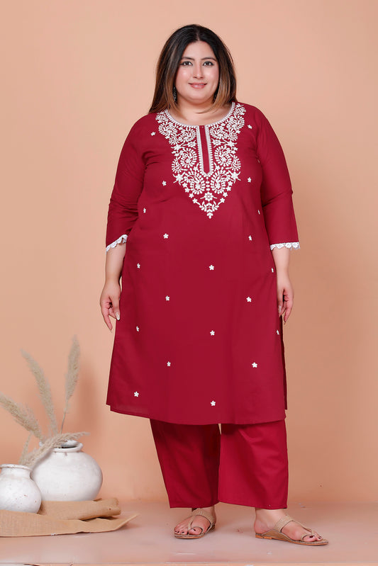 CHIKANKARI FLORAL EMBROIDERY BUTTI COTTON 2 PEICE KURTA PANT IN DUST RED BY PLUSSIZEKURTI