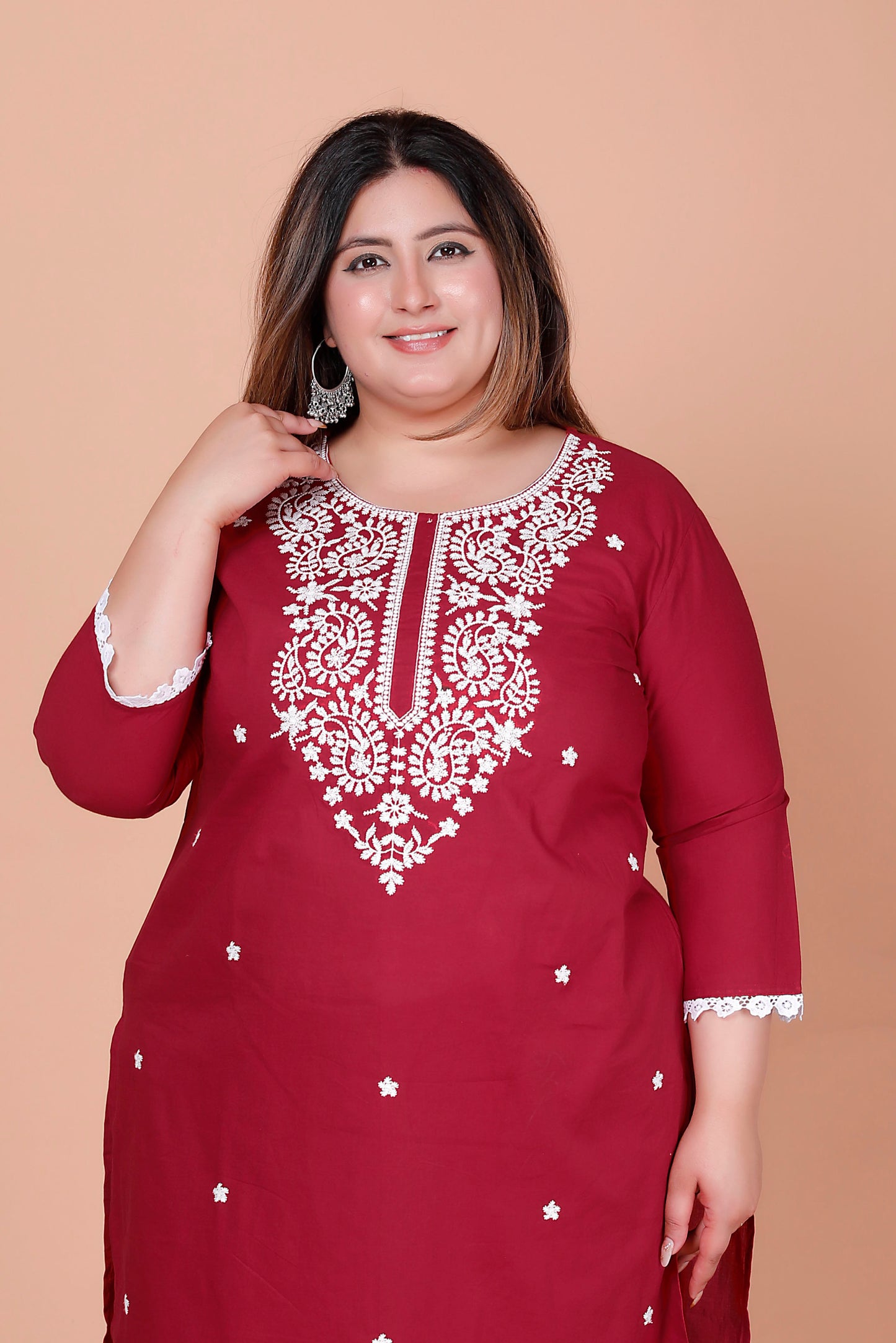 CHIKANKARI FLORAL EMBROIDERY BUTTI COTTON 2 PEICE KURTA PANT IN DUST RED BY PLUSSIZEKURTI