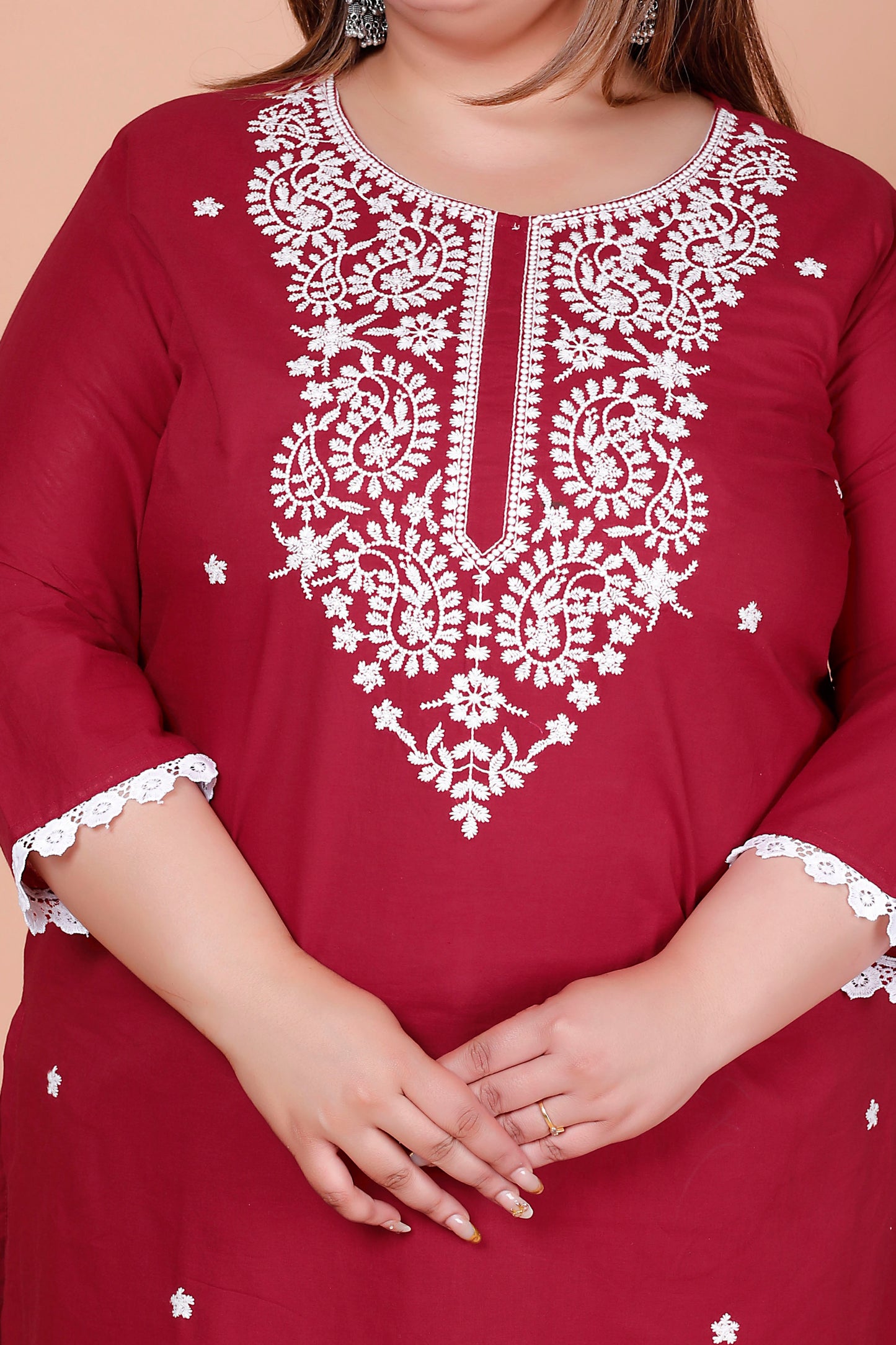 CHIKANKARI FLORAL EMBROIDERY BUTTI COTTON 2 PEICE KURTA PANT IN DUST RED BY PLUSSIZEKURTI