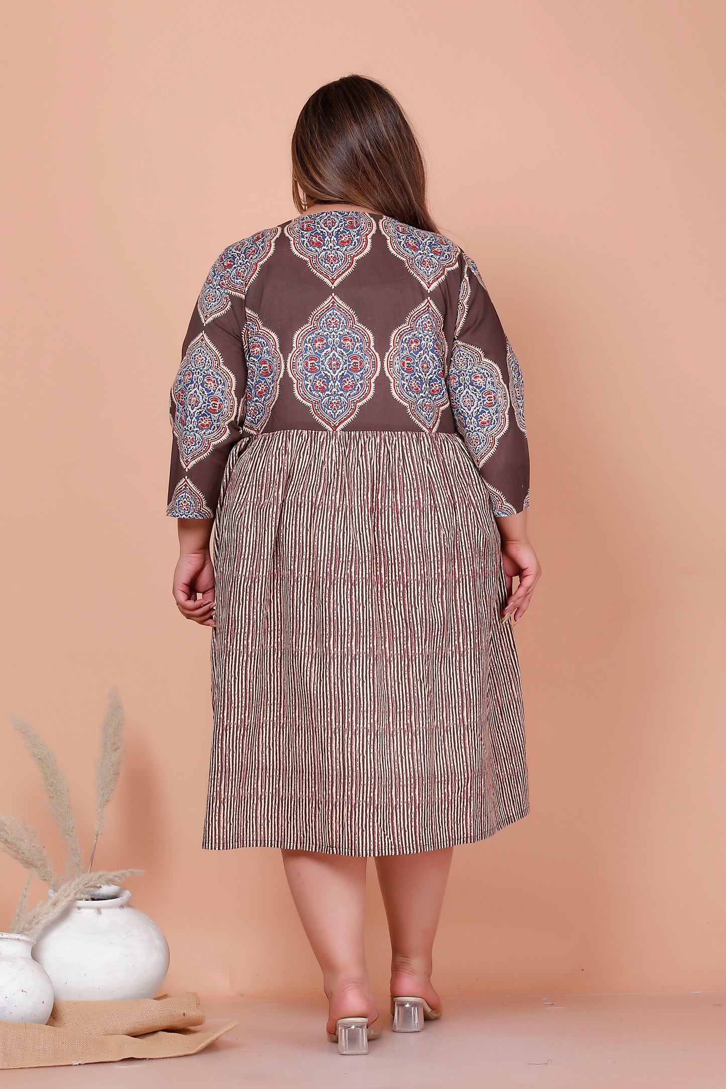 JAIPURI MOTIF BUTTA PRINT COTTON DRESS IN DUST BROWN/BEIGE BY PLUSSIZEKURTI