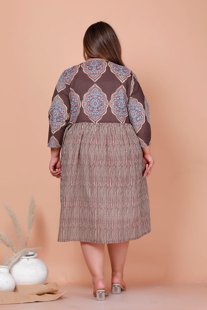 JAIPURI MOTIF BUTTA PRINT COTTON DRESS IN DUST BROWN/BEIGE BY PLUSSIZEKURTI