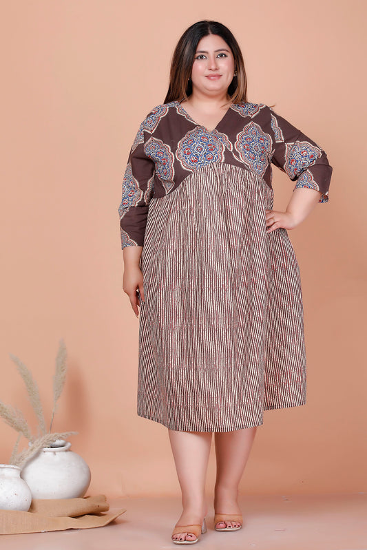 JAIPURI MOTIF BUTTA PRINT COTTON DRESS IN DUST BROWN/BEIGE BY PLUSSIZEKURTI