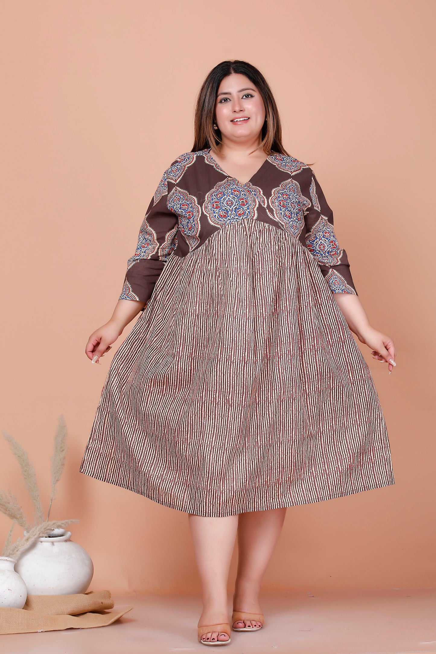 JAIPURI MOTIF BUTTA PRINT COTTON DRESS IN DUST BROWN/BEIGE BY PLUSSIZEKURTI