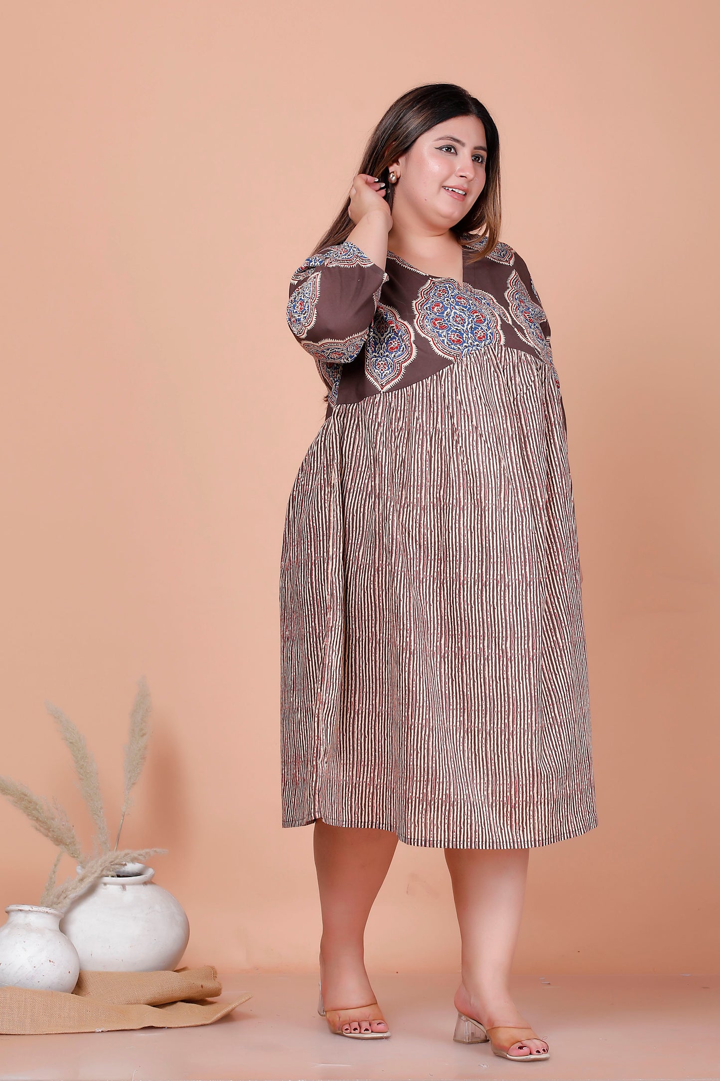 JAIPURI MOTIF BUTTA PRINT COTTON DRESS IN DUST BROWN/BEIGE BY PLUSSIZEKURTI