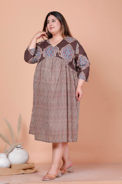 JAIPURI MOTIF BUTTA PRINT COTTON DRESS IN DUST BROWN/BEIGE BY PLUSSIZEKURTI