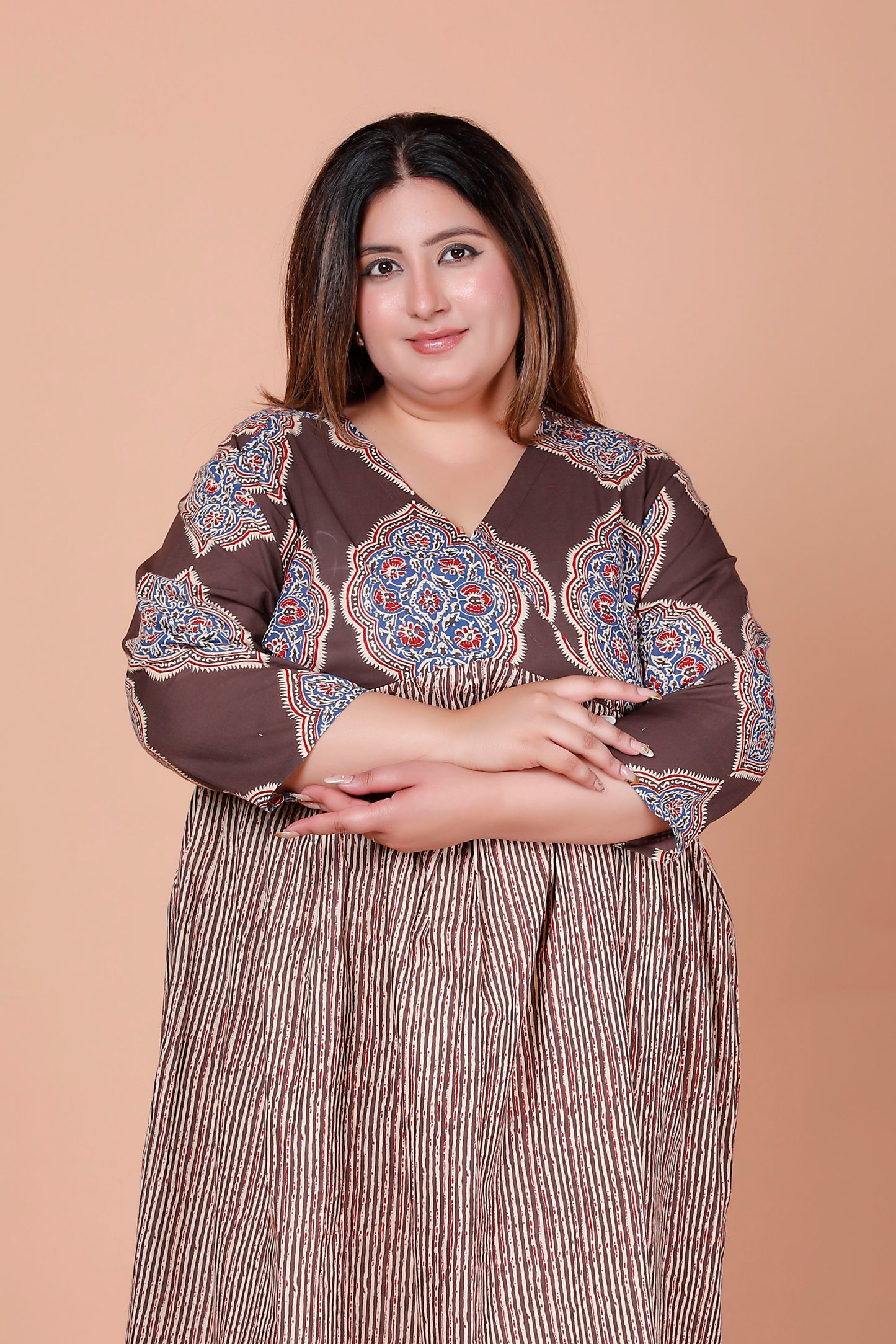 JAIPURI MOTIF BUTTA PRINT COTTON DRESS IN DUST BROWN/BEIGE BY PLUSSIZEKURTI