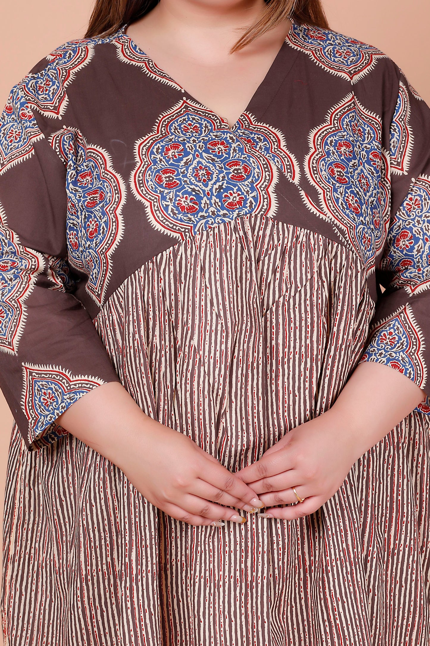 JAIPURI MOTIF BUTTA PRINT COTTON DRESS IN DUST BROWN/BEIGE BY PLUSSIZEKURTI