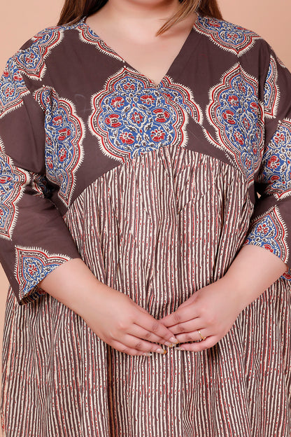 JAIPURI MOTIF BUTTA PRINT COTTON DRESS IN DUST BROWN/BEIGE BY PLUSSIZEKURTI