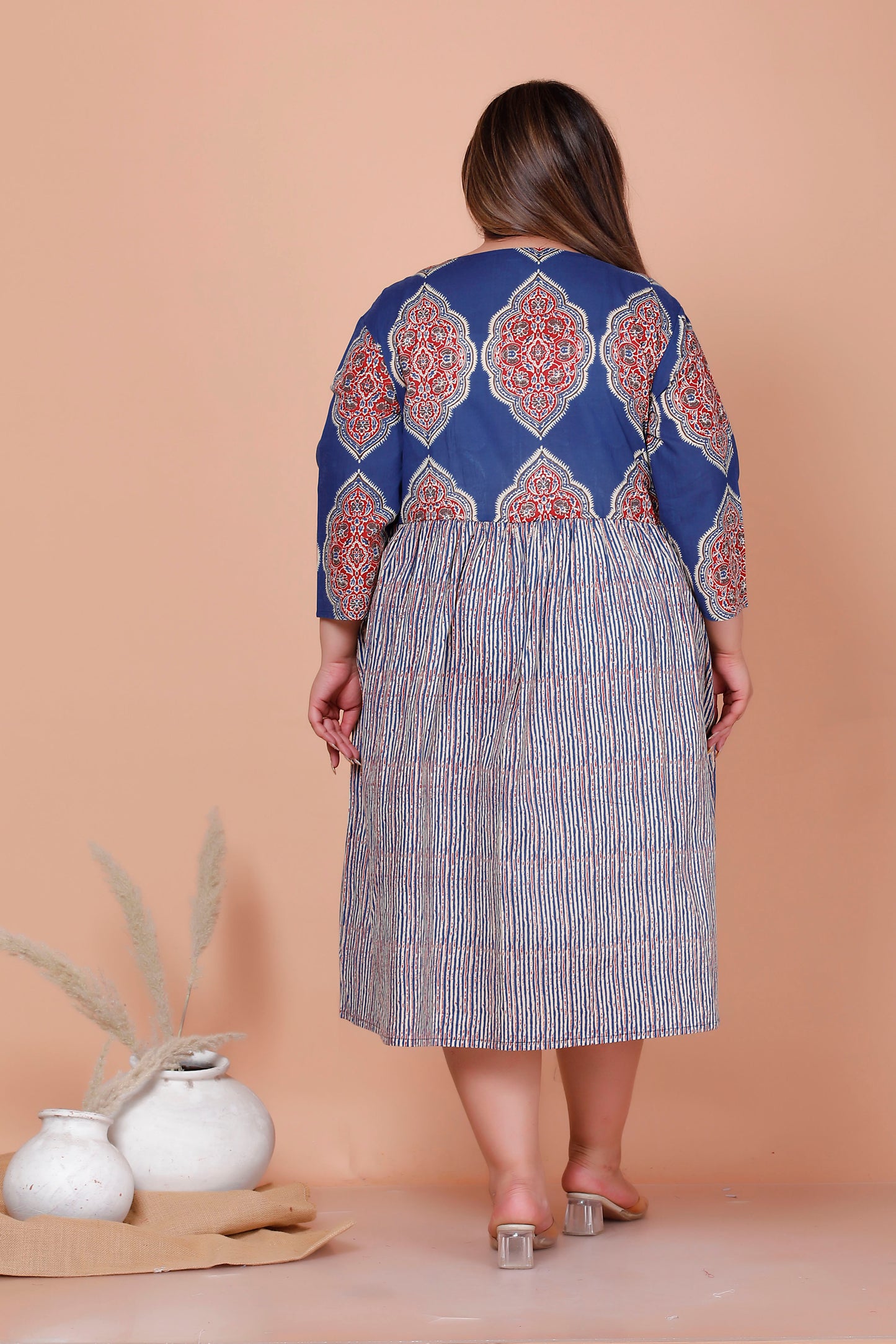 JAIPURI MOTIF BUTTA PRINT COTTON DRESS IN BLUE/BEIGE BY PLUSSIZEKURTI