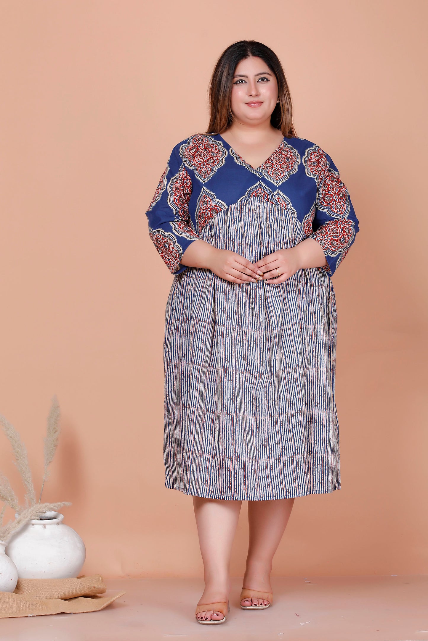 JAIPURI MOTIF BUTTA PRINT COTTON DRESS IN BLUE/BEIGE BY PLUSSIZEKURTI
