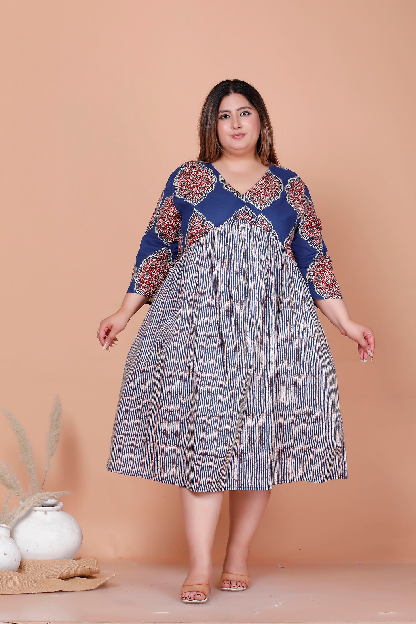 JAIPURI MOTIF BUTTA PRINT COTTON DRESS IN BLUE/BEIGE BY PLUSSIZEKURTI