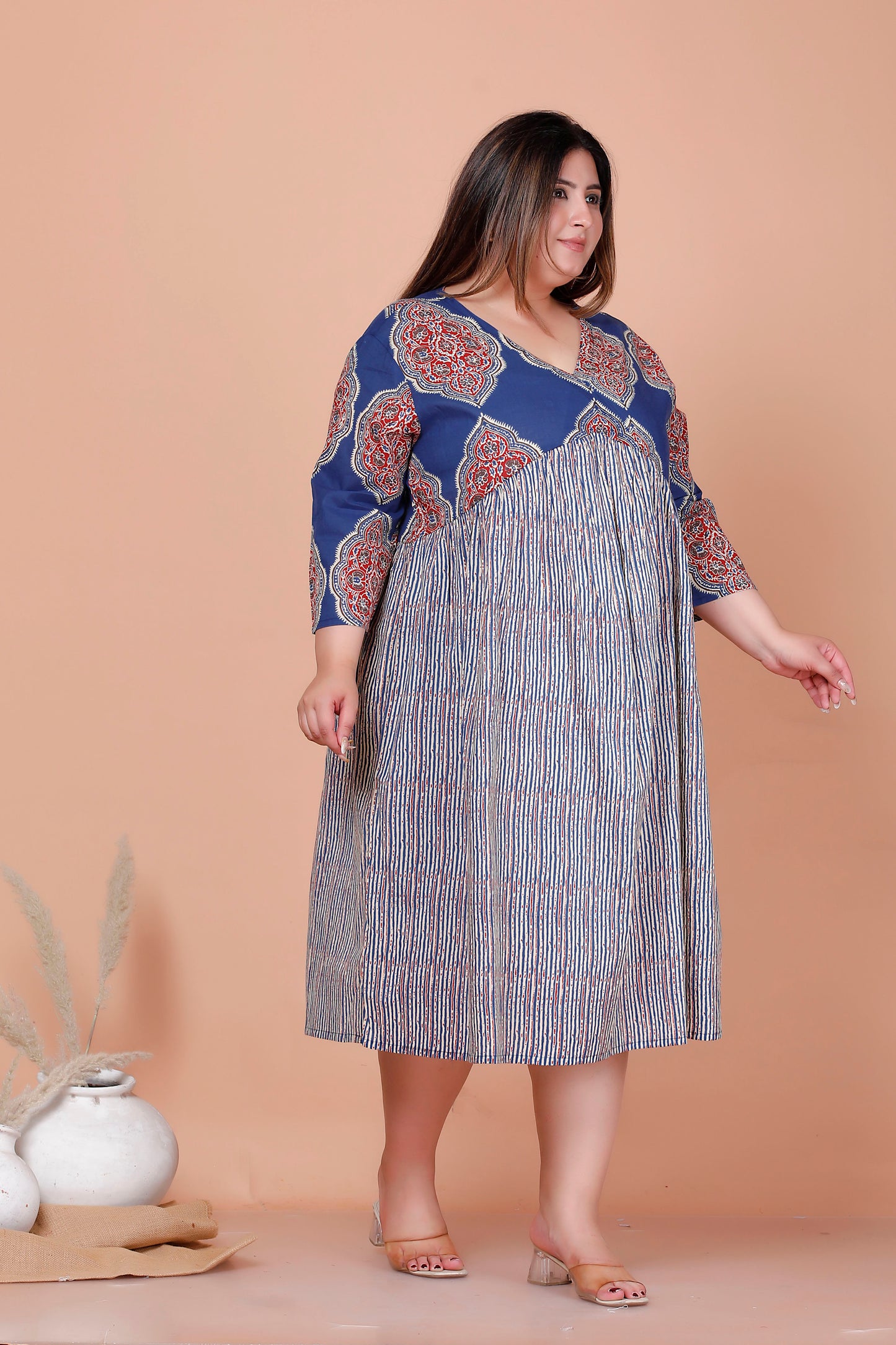 JAIPURI MOTIF BUTTA PRINT COTTON DRESS IN BLUE/BEIGE BY PLUSSIZEKURTI