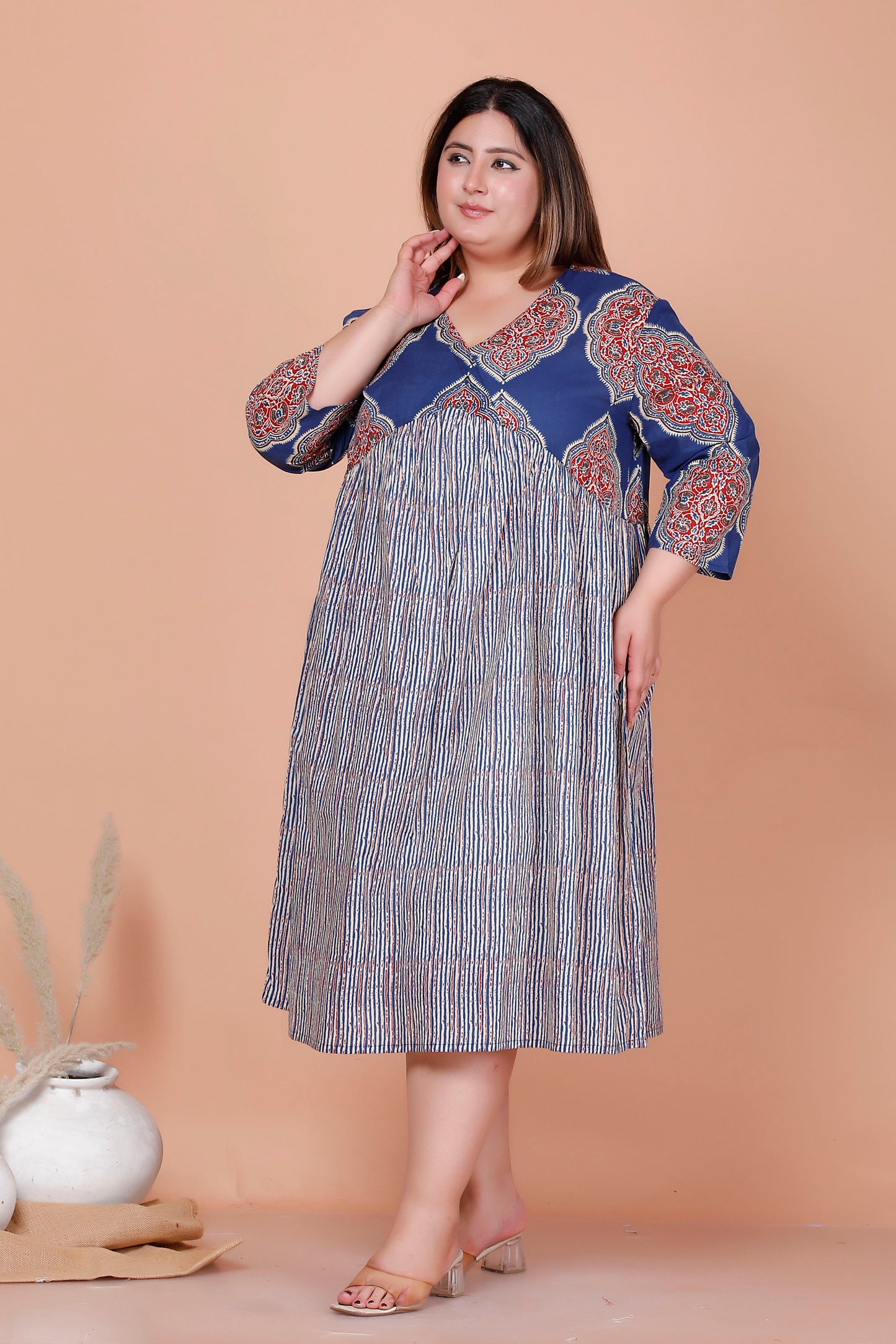 JAIPURI MOTIF BUTTA PRINT COTTON DRESS IN BLUE/BEIGE BY PLUSSIZEKURTI