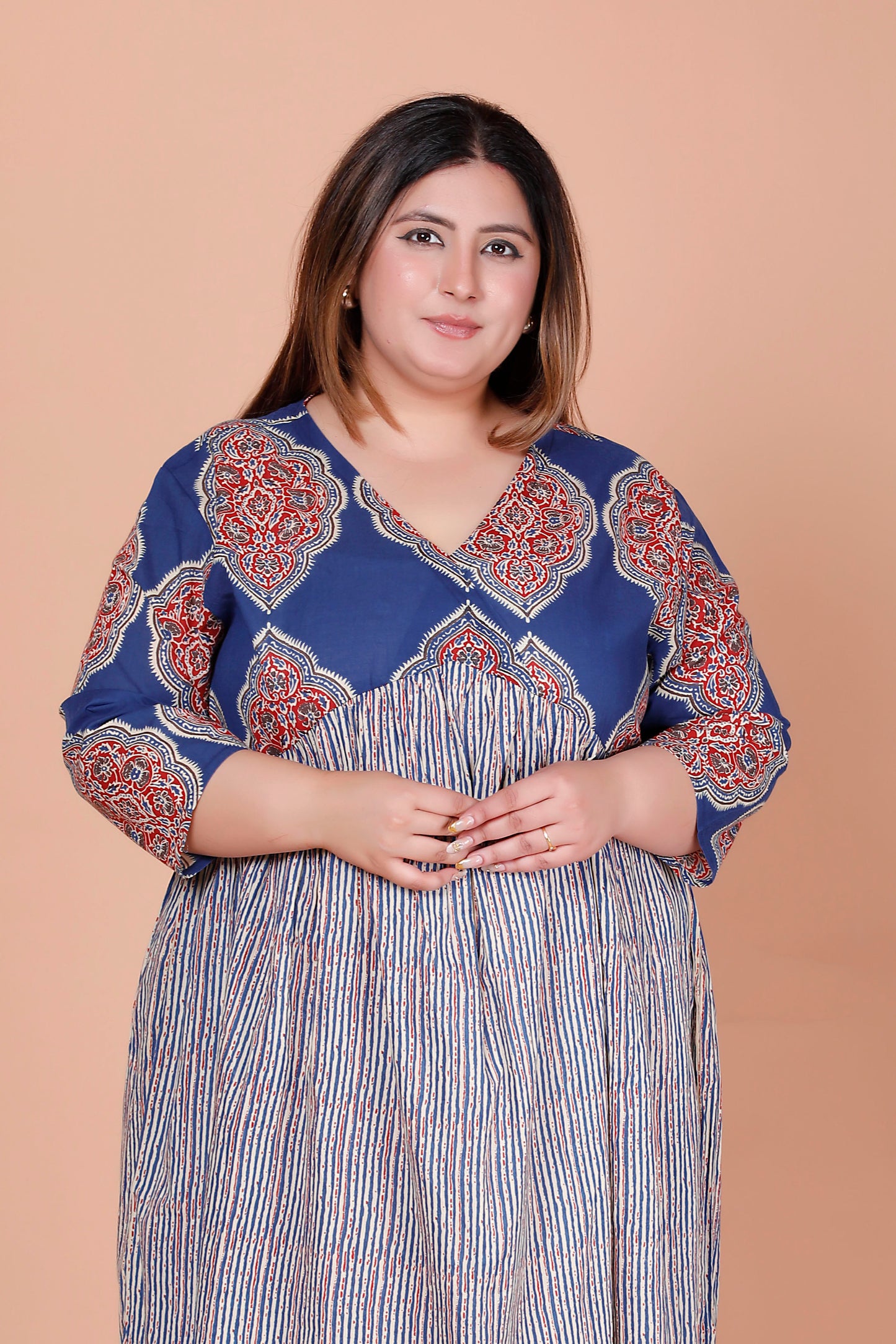 JAIPURI MOTIF BUTTA PRINT COTTON DRESS IN BLUE/BEIGE BY PLUSSIZEKURTI