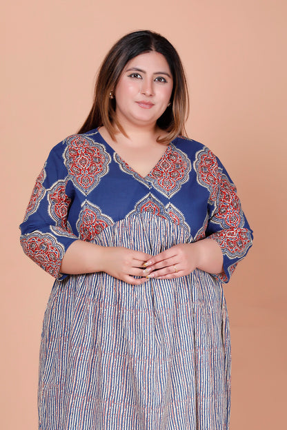JAIPURI MOTIF BUTTA PRINT COTTON DRESS IN BLUE/BEIGE BY PLUSSIZEKURTI