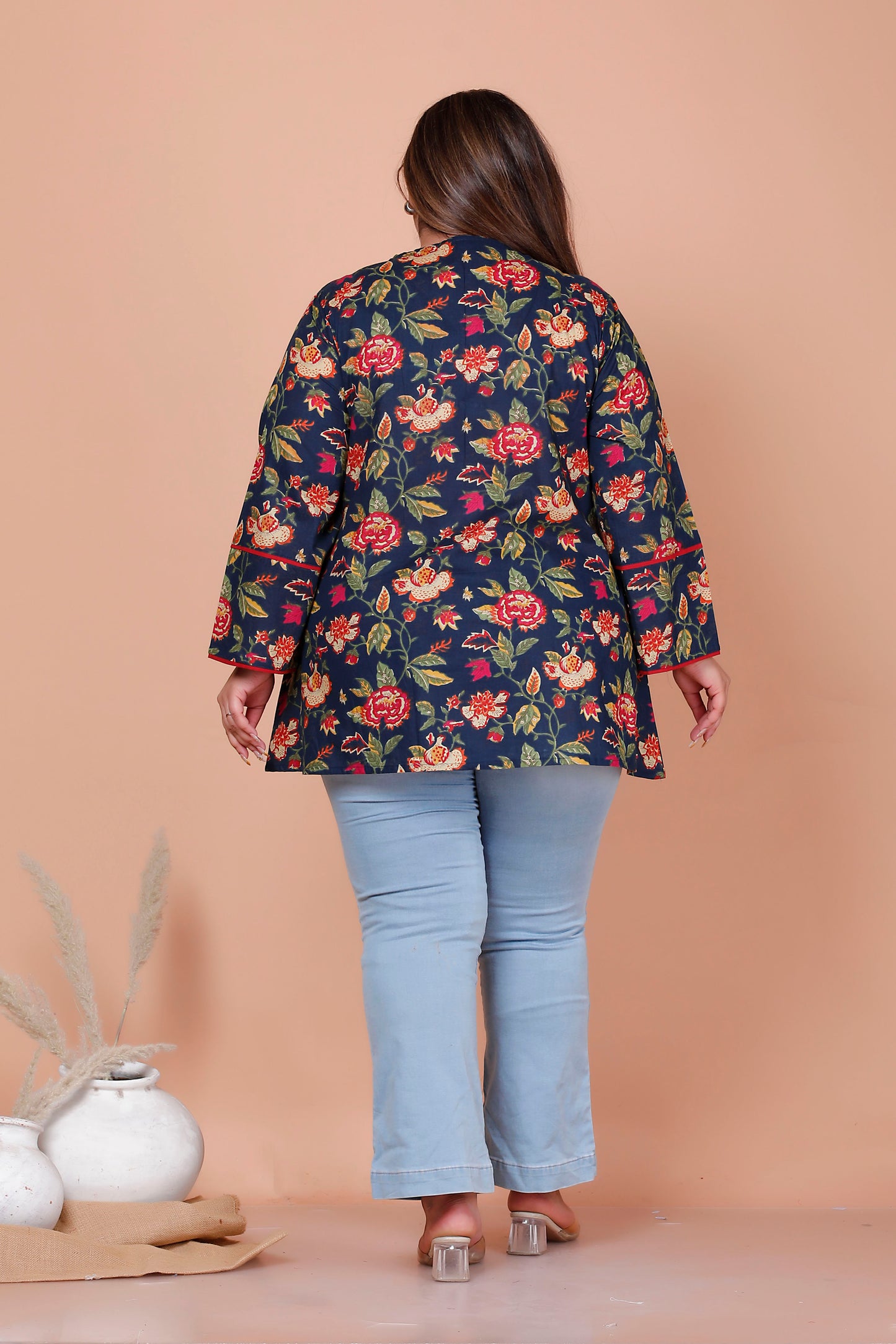 FLORAL VINE PRINT COTTON TOP IN NAVY BLUE COLOUR BY PLUSSIZEKURTI