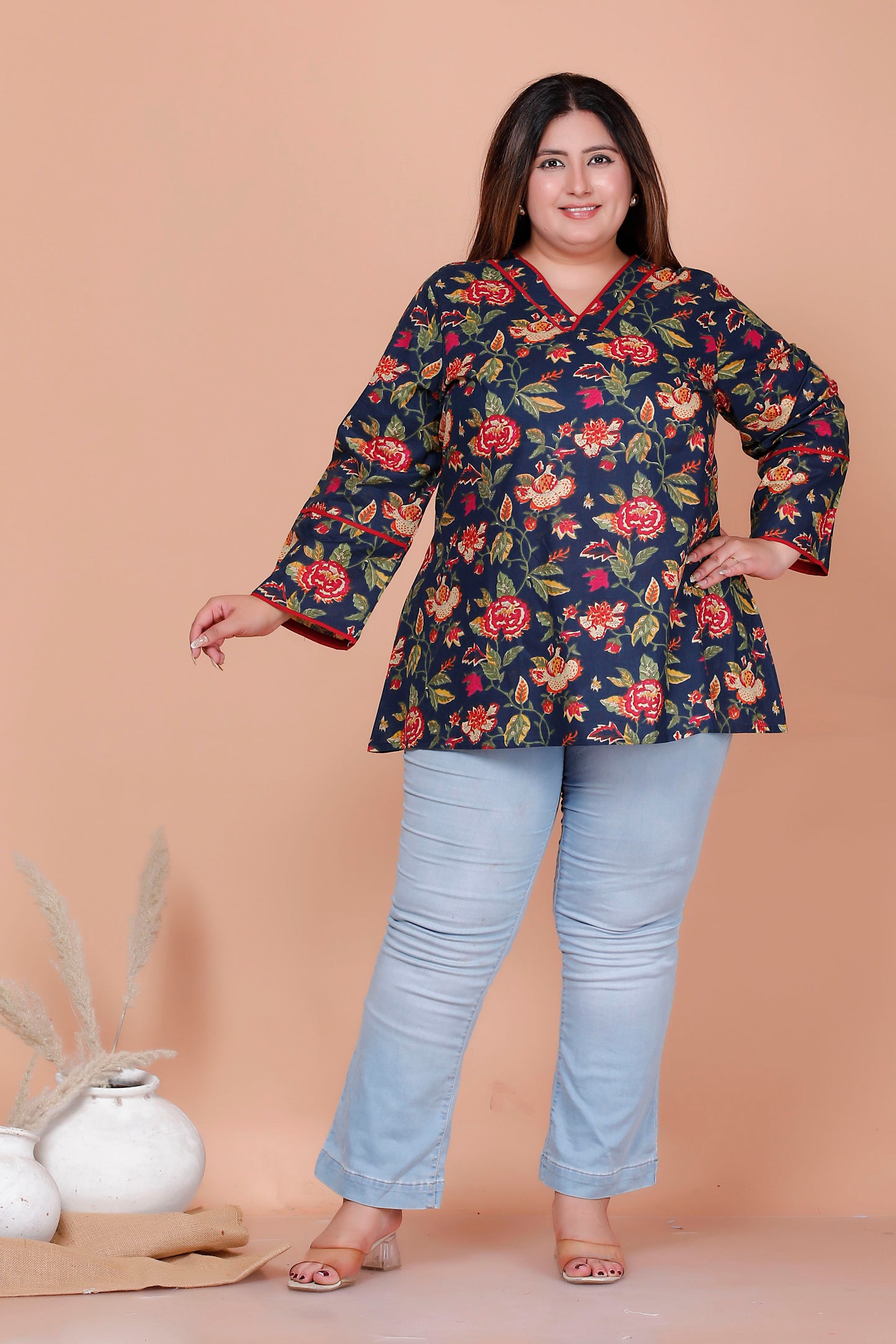 FLORAL VINE PRINT COTTON TOP IN NAVY BLUE COLOUR BY PLUSSIZEKURTI