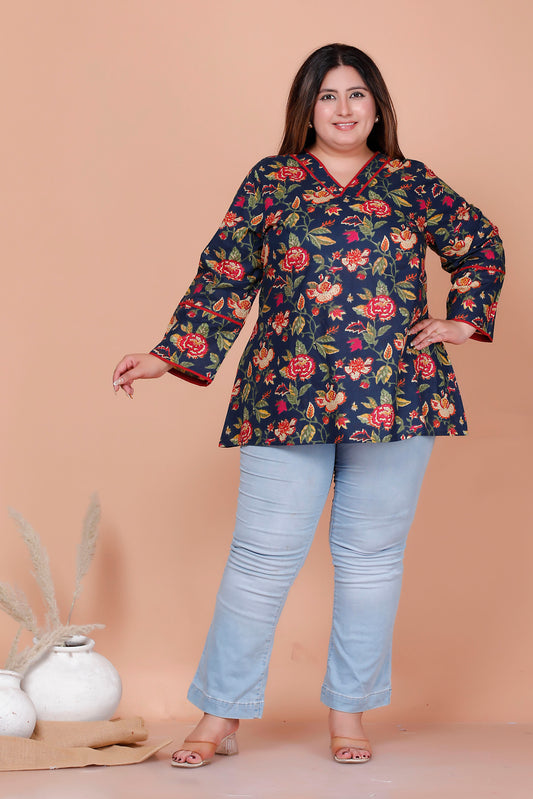 FLORAL VINE PRINT COTTON TOP IN NAVY BLUE COLOUR BY PLUSSIZEKURTI
