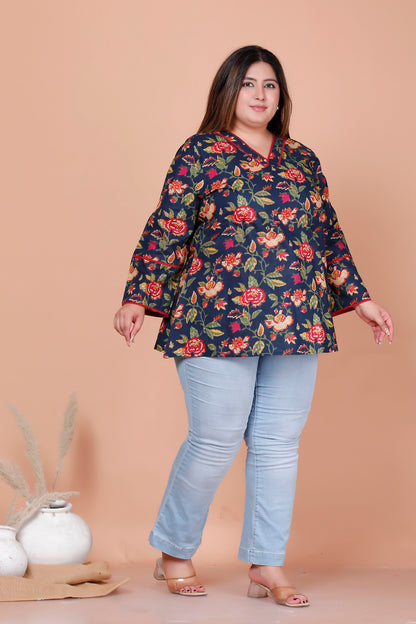 FLORAL VINE PRINT COTTON TOP IN NAVY BLUE COLOUR BY PLUSSIZEKURTI
