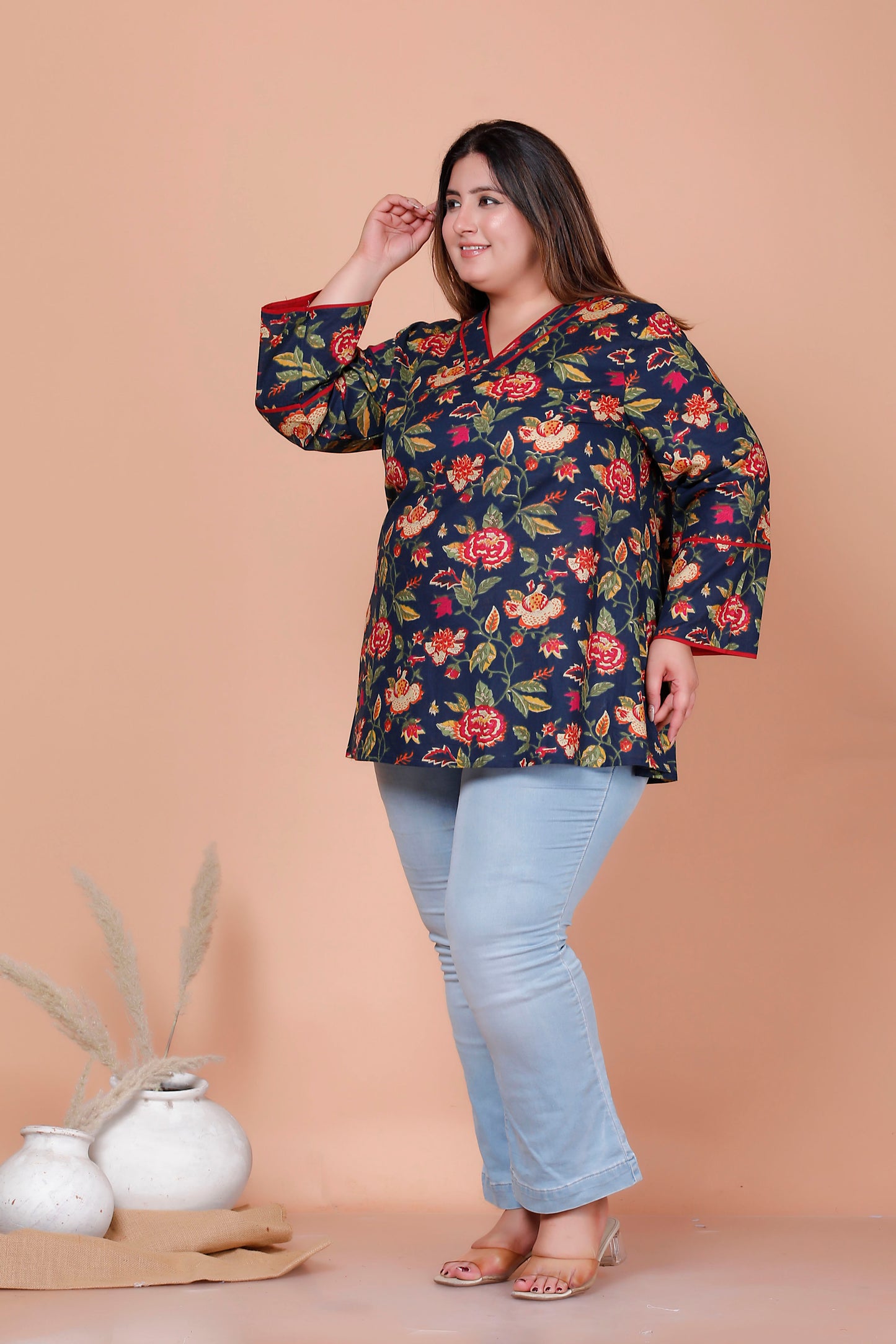 FLORAL VINE PRINT COTTON TOP IN NAVY BLUE COLOUR BY PLUSSIZEKURTI