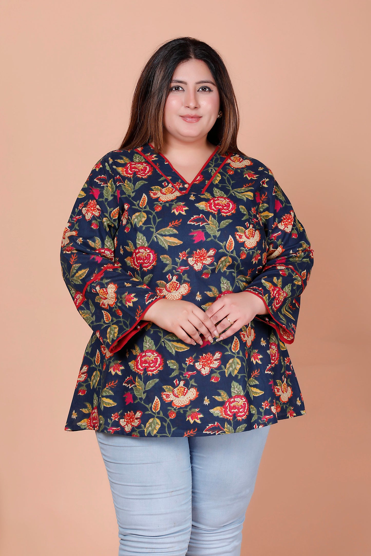 FLORAL VINE PRINT COTTON TOP IN NAVY BLUE COLOUR BY PLUSSIZEKURTI