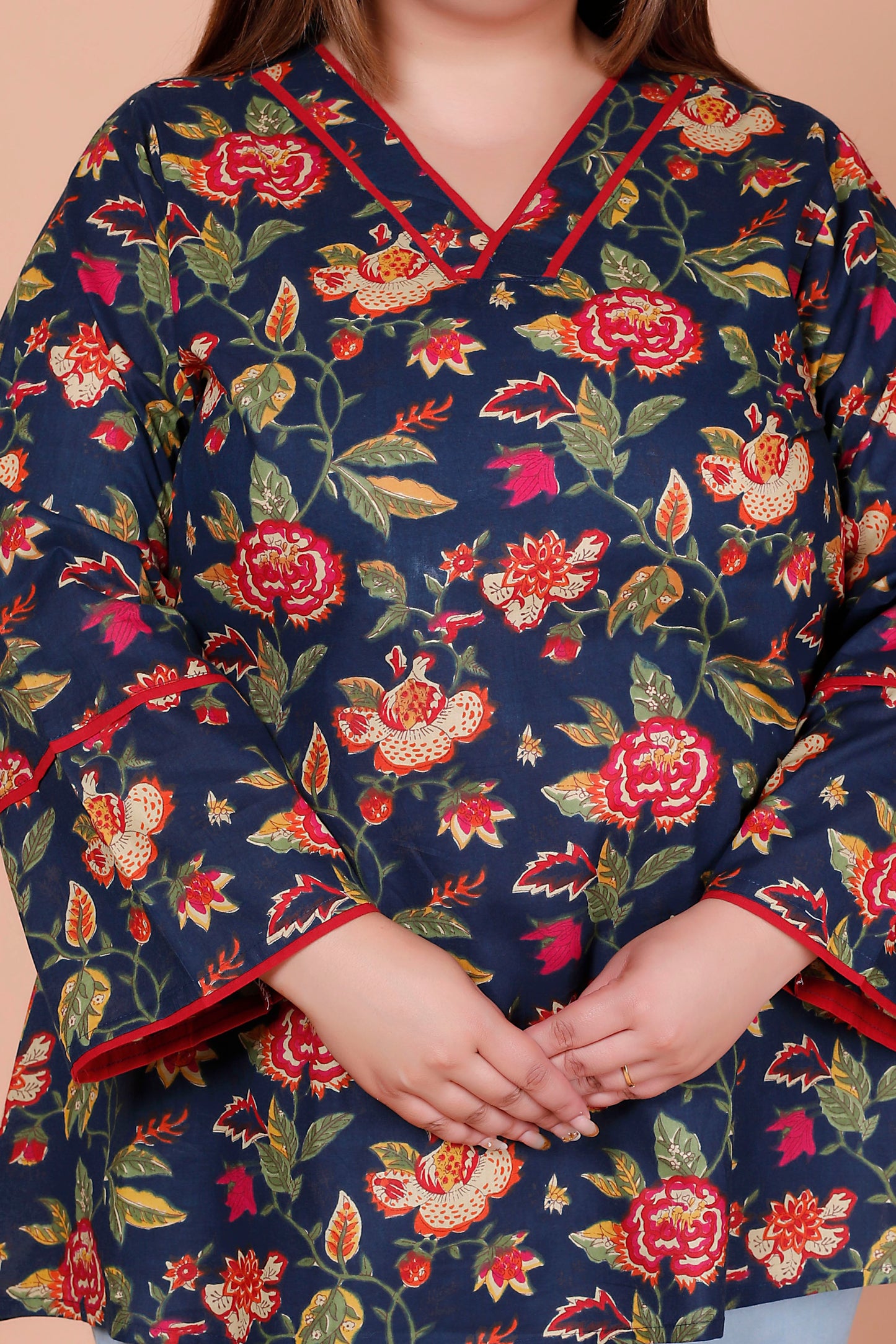 FLORAL VINE PRINT COTTON TOP IN NAVY BLUE COLOUR BY PLUSSIZEKURTI