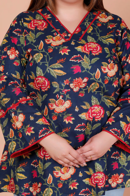 FLORAL VINE PRINT COTTON TOP IN NAVY BLUE COLOUR BY PLUSSIZEKURTI