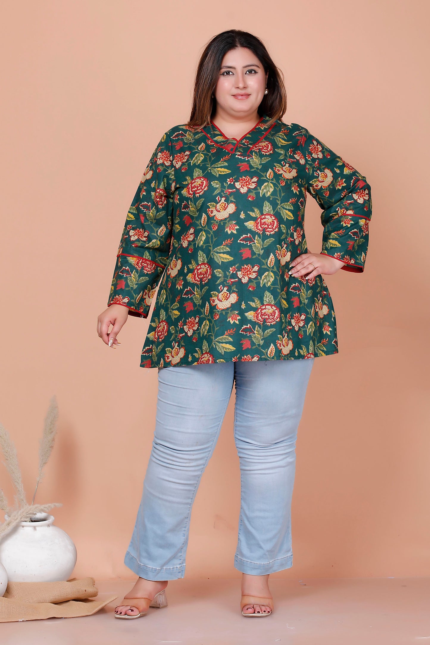 FLORAL VINE PRINT COTTON TOP IN NAVY BOTTLE GREEN COLOUR BY PLUSSIZEKURTI