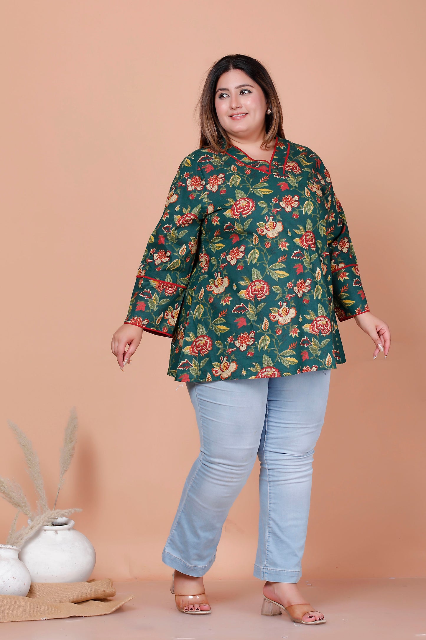 FLORAL VINE PRINT COTTON TOP IN NAVY BOTTLE GREEN COLOUR BY PLUSSIZEKURTI