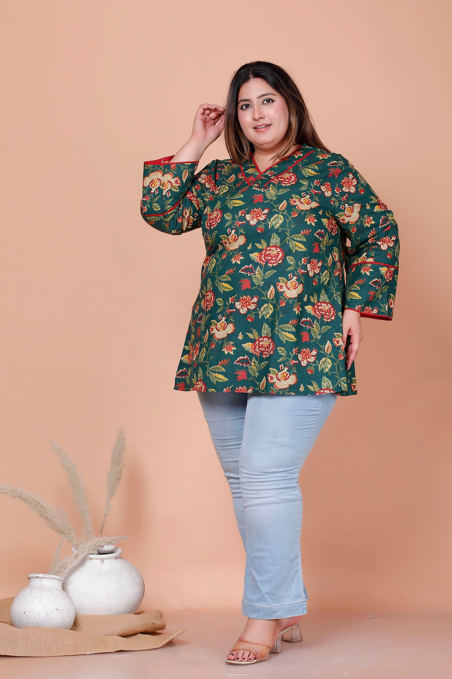 FLORAL VINE PRINT COTTON TOP IN NAVY BOTTLE GREEN COLOUR BY PLUSSIZEKURTI
