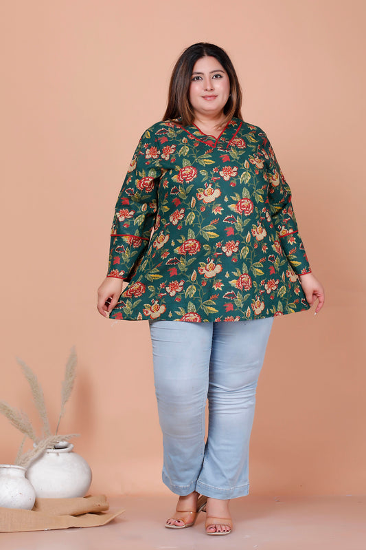 FLORAL VINE PRINT COTTON TOP IN NAVY BOTTLE GREEN COLOUR BY PLUSSIZEKURTI