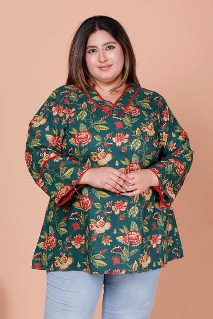 FLORAL VINE PRINT COTTON TOP IN NAVY BOTTLE GREEN COLOUR BY PLUSSIZEKURTI