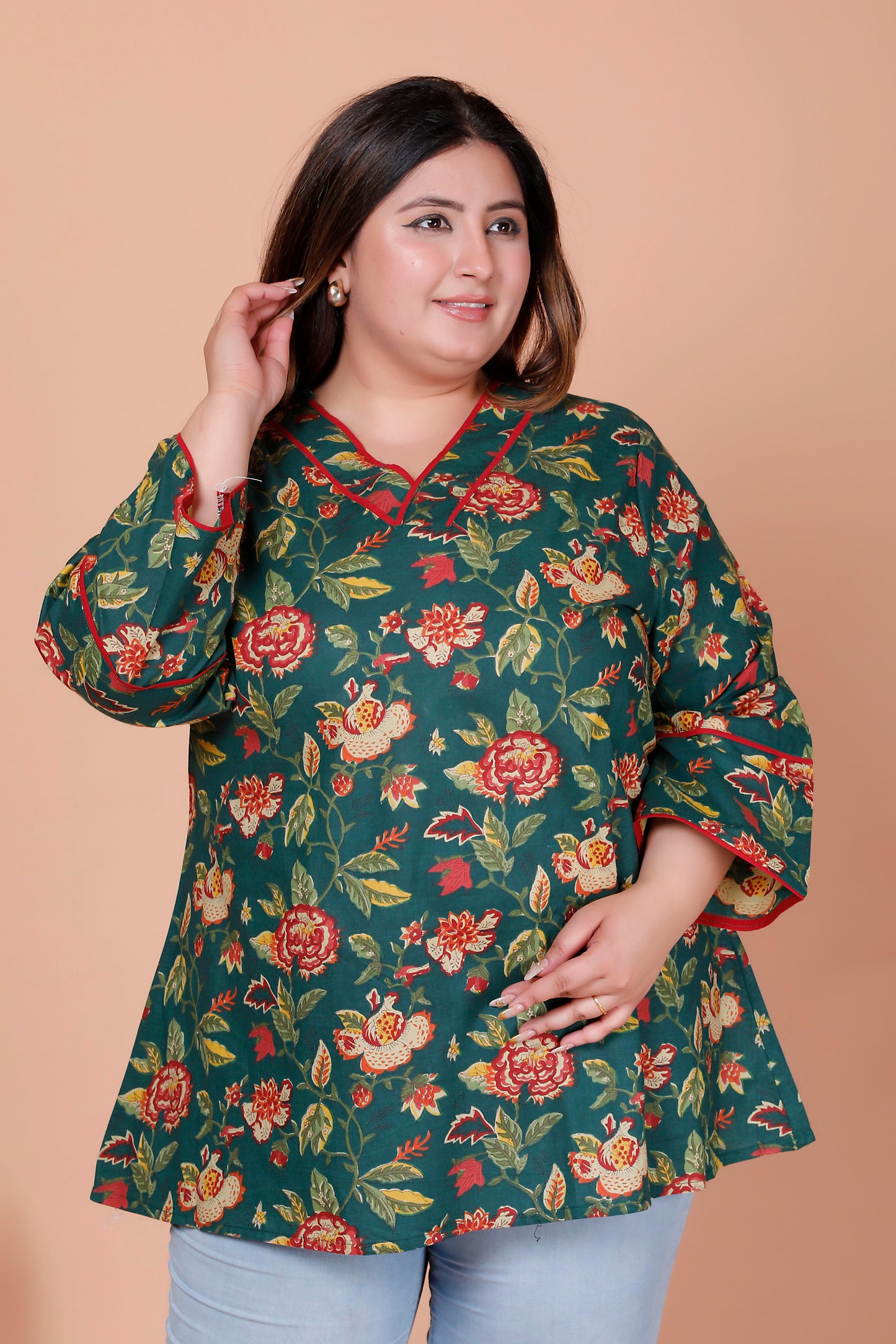 FLORAL VINE PRINT COTTON TOP IN NAVY BOTTLE GREEN COLOUR BY PLUSSIZEKURTI