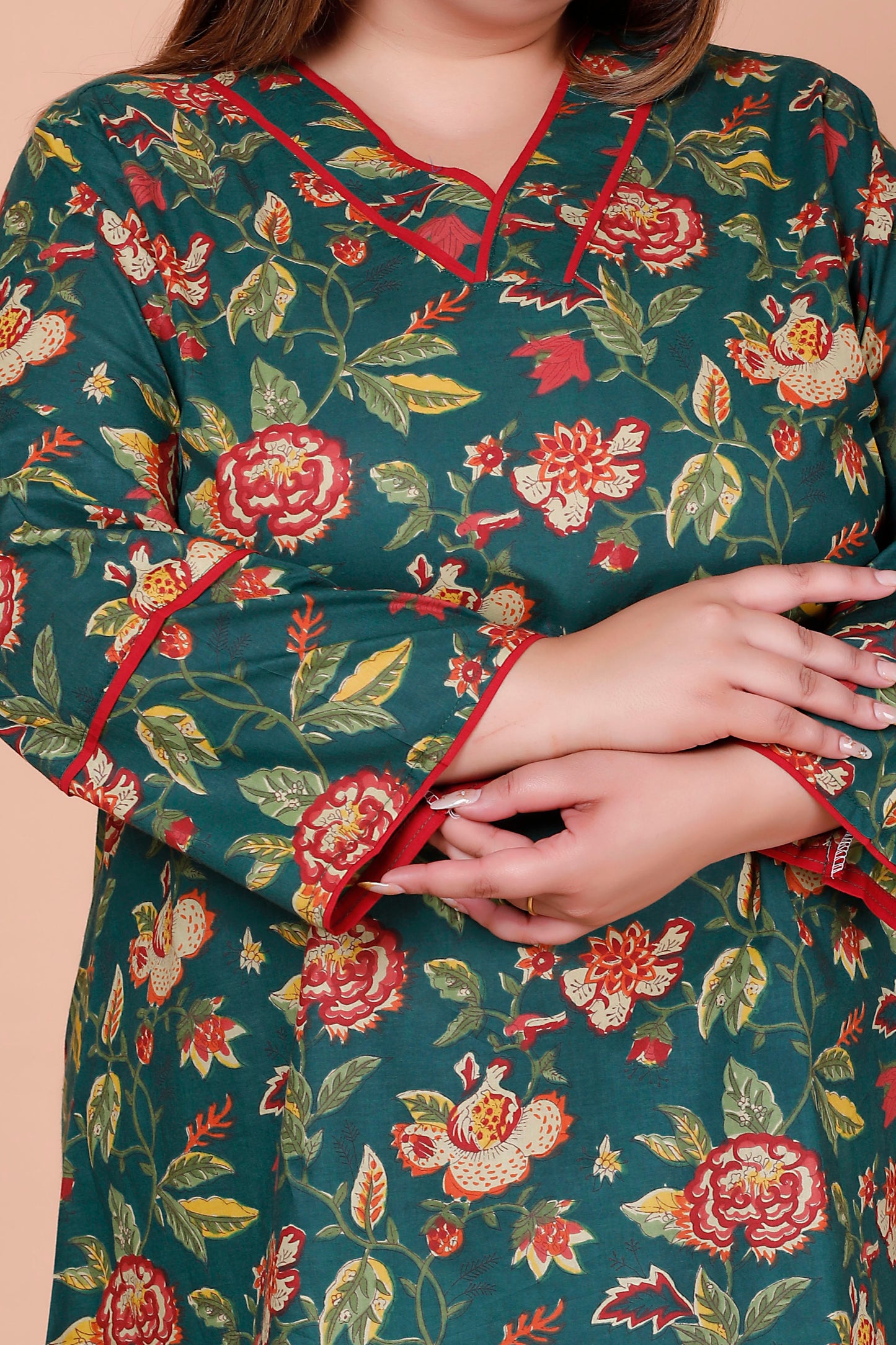 FLORAL VINE PRINT COTTON TOP IN NAVY BOTTLE GREEN COLOUR BY PLUSSIZEKURTI