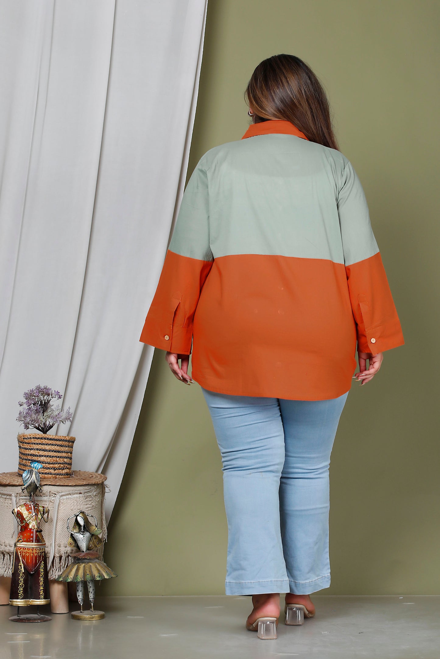 COLOURBLOCK SHIRT STYLE COTTON TOP IN SAGE GREEN/BURNT ORANGE COLOUR BY PLUSSIZEKURTI