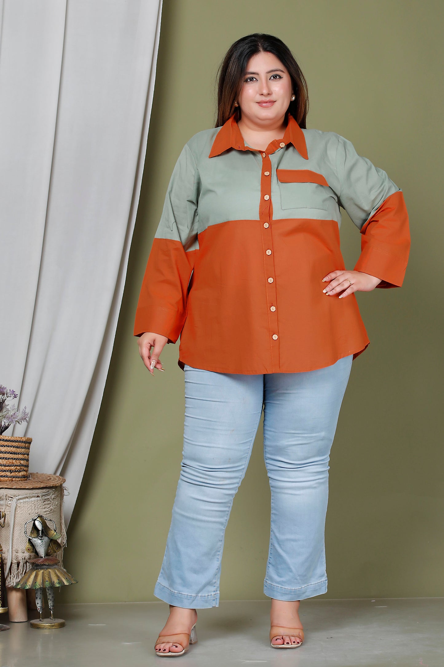 COLOURBLOCK SHIRT STYLE COTTON TOP IN SAGE GREEN/BURNT ORANGE COLOUR BY PLUSSIZEKURTI