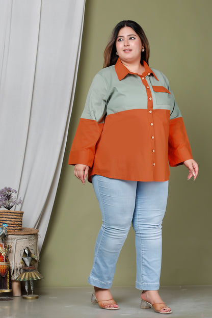 COLOURBLOCK SHIRT STYLE COTTON TOP IN SAGE GREEN/BURNT ORANGE COLOUR BY PLUSSIZEKURTI