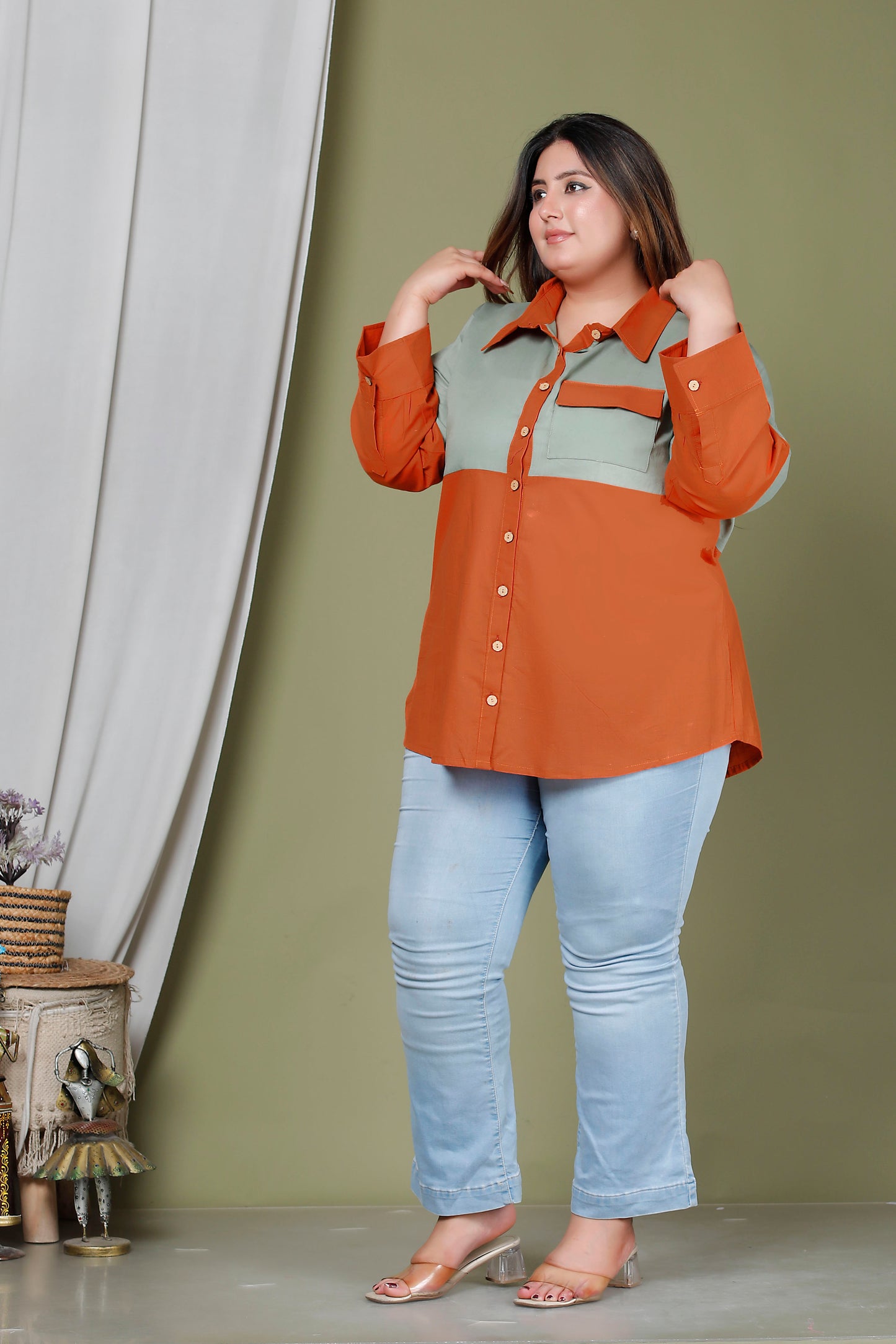COLOURBLOCK SHIRT STYLE COTTON TOP IN SAGE GREEN/BURNT ORANGE COLOUR BY PLUSSIZEKURTI