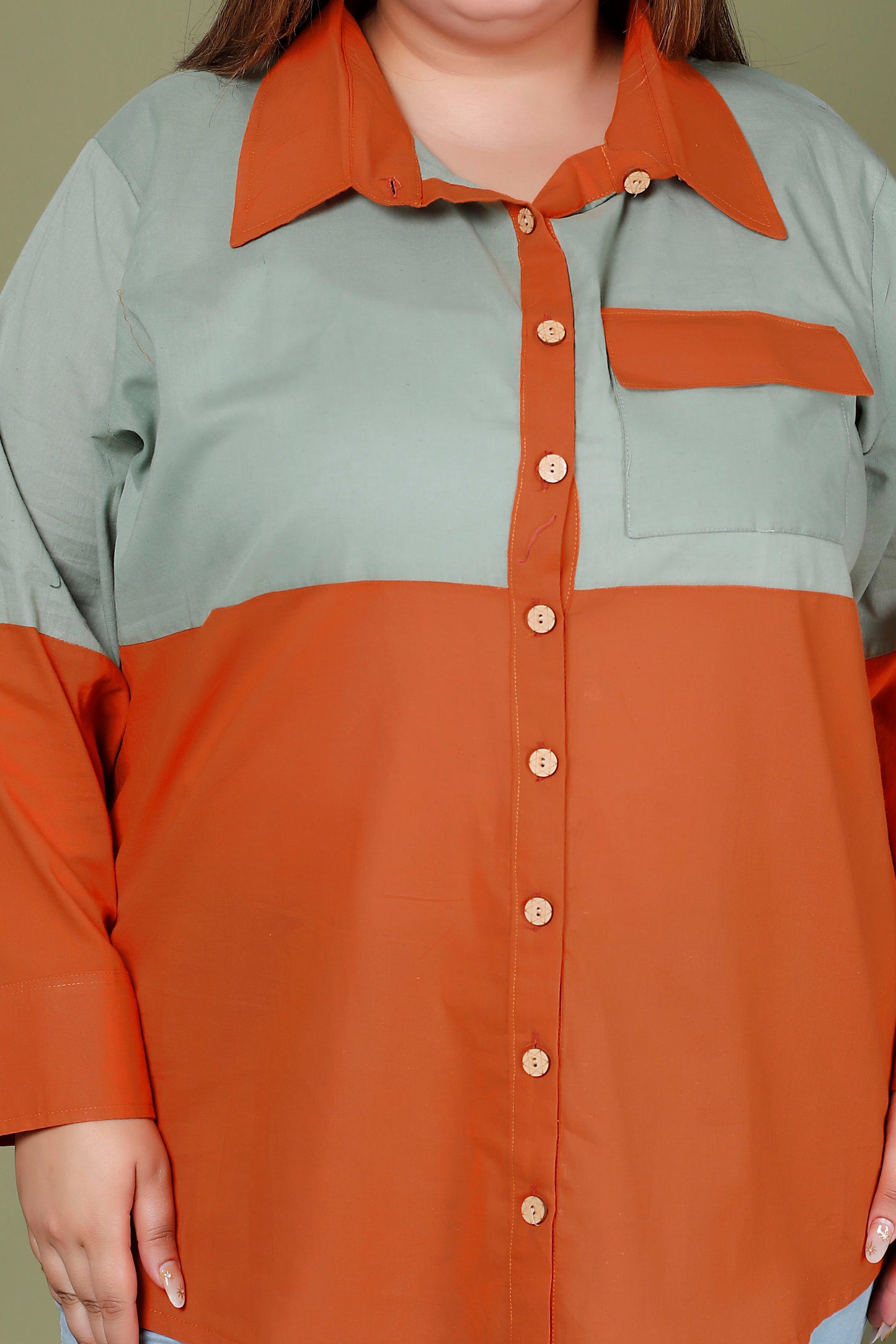 COLOURBLOCK SHIRT STYLE COTTON TOP IN SAGE GREEN/BURNT ORANGE COLOUR BY PLUSSIZEKURTI
